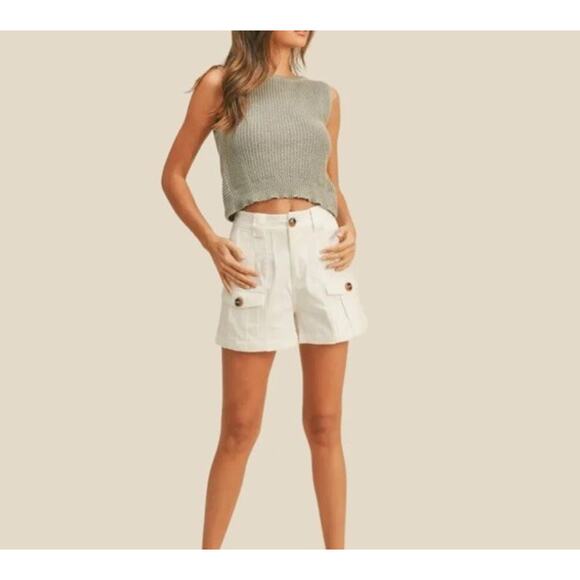 MIOU MUSE Cotton Cargo Off White Turtle Shell Button Shorts, Medium - Picture 1 of 5